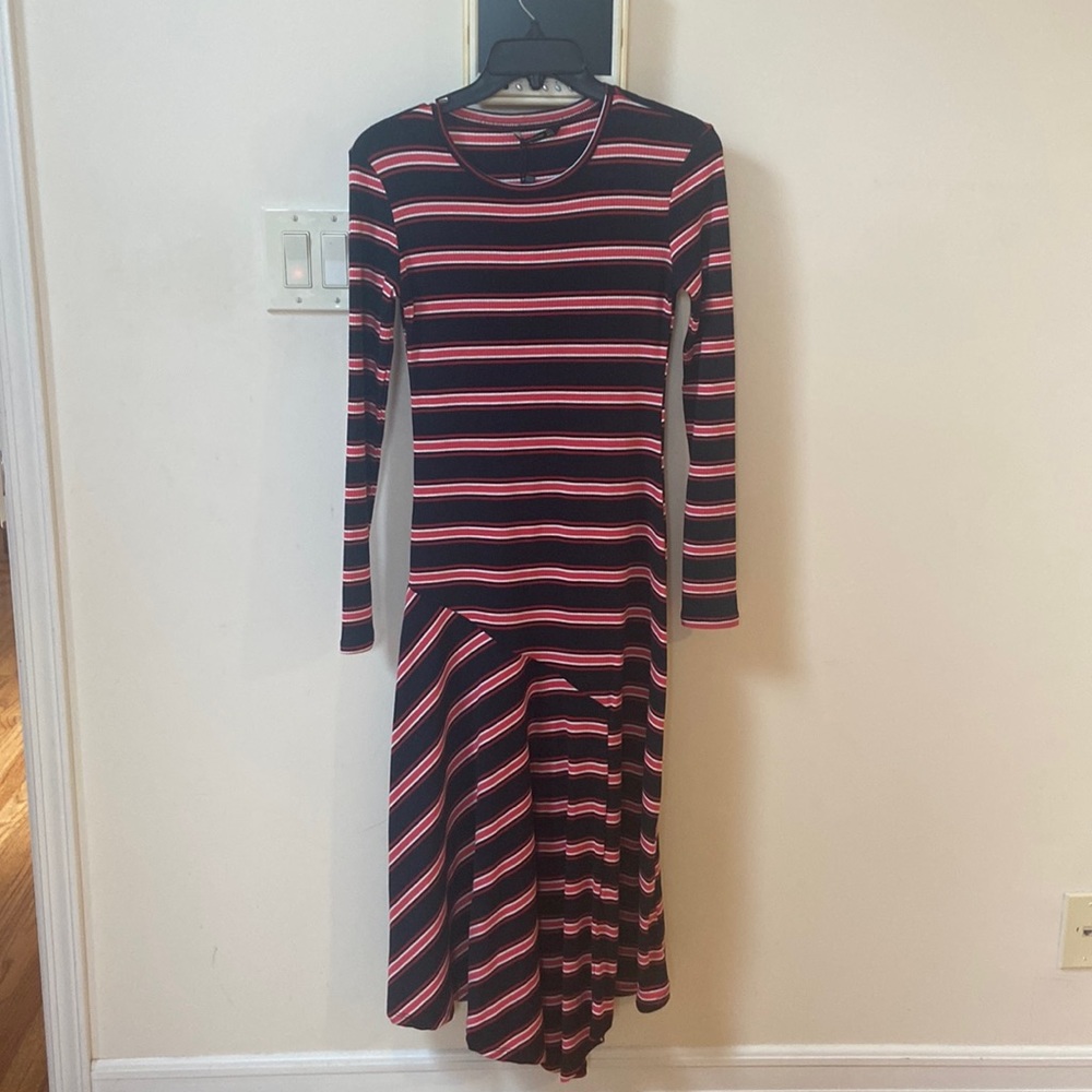Stradivarius asymmetrical, striped black, white red dress. Long sleeve.
